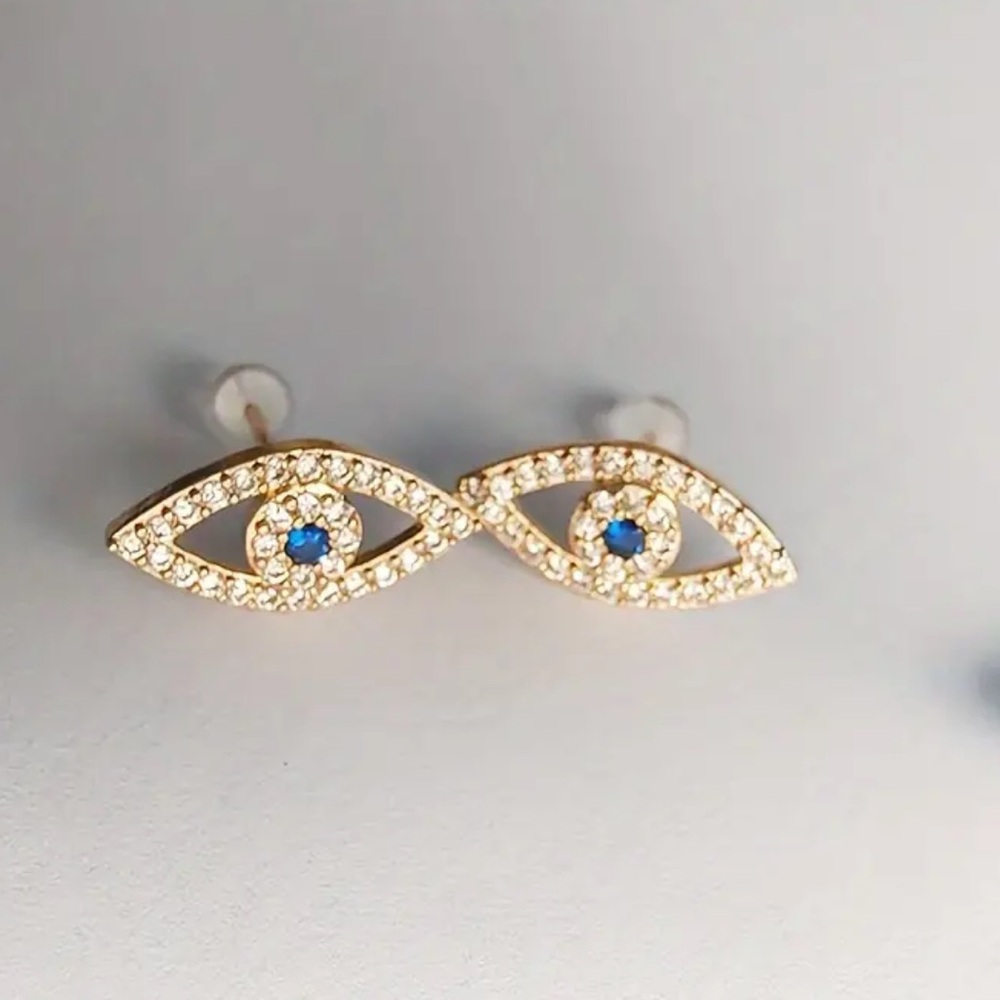 Gold Cubic Zirconia Evil Eye Earrings, Evil Eye Studs, Stud Earrings - Picture 2 of 7